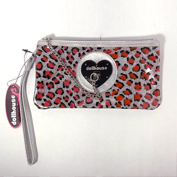 Dollhouse Pink Leopard Silver Glitter Wristlet Clutch - Picture 1 of 10